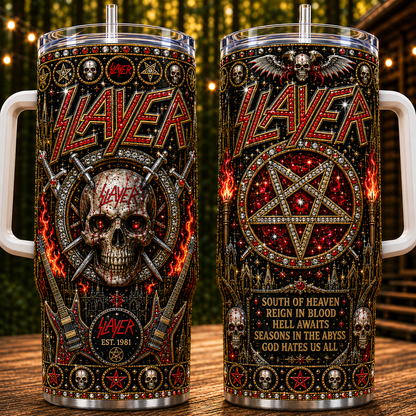 Slayer 40oz Rhinestone Insulated Tumbler with Handle - Stainless Steel Travel Mug with Straw and Lid