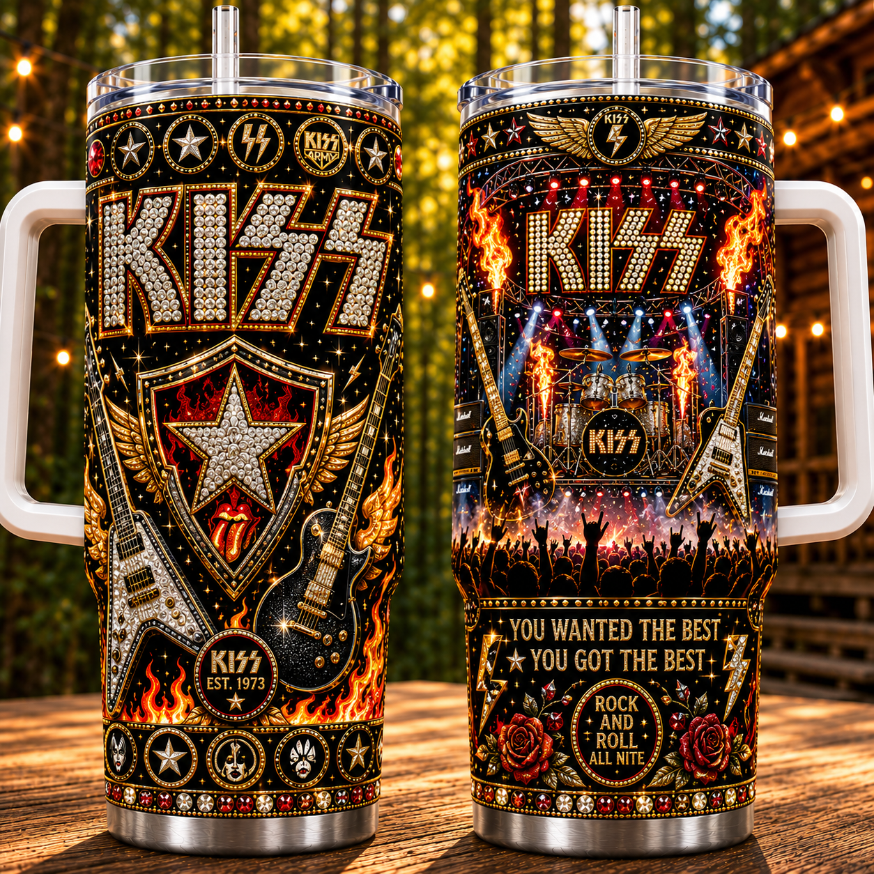 Kiss Band 40oz Rhinestone Insulated Tumbler with Handle - Stainless Steel Travel Mug with Straw and Lid