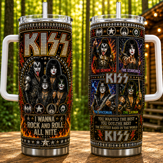 Kiss Band 40oz Rhinestone Insulated Tumbler with Handle - Stainless Steel Travel Mug with Straw and Lid