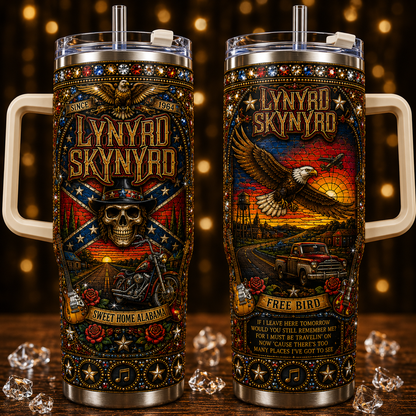 Lynyrd Skynyrd 40oz Rhinestone Insulated Tumbler with Handle - Stainless Steel Travel Mug with Straw and Lid