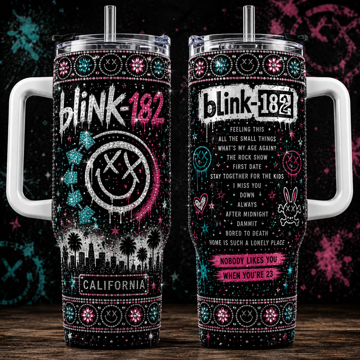 Blink-182 40oz Rhinestone Insulated Tumbler with Handle - Rock Band Stainless Steel Travel Mug with Straw and Lid