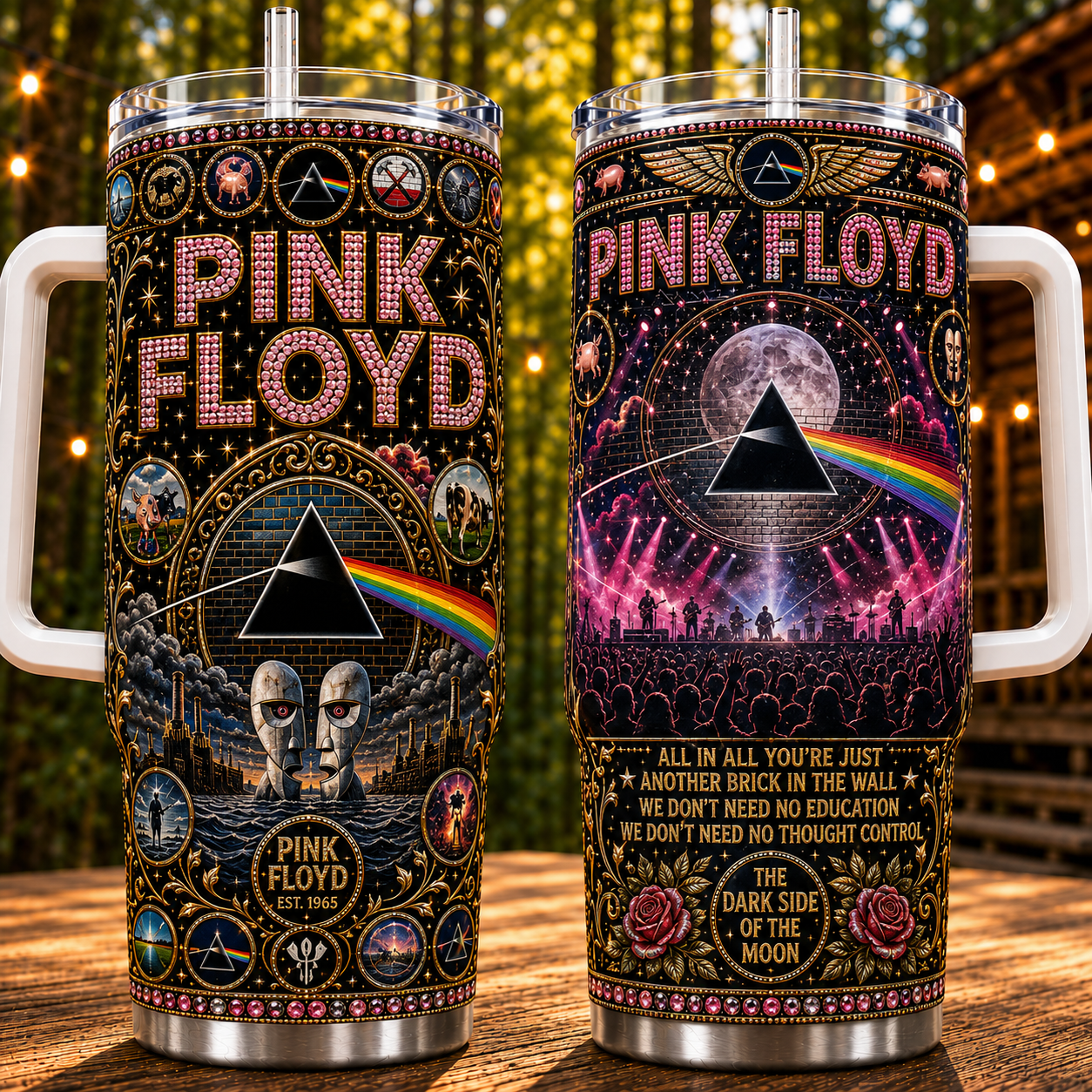 Pink Floyd 40oz Rhinestone Insulated Tumbler with Handle - Stainless Steel Travel Mug with Straw and Lid