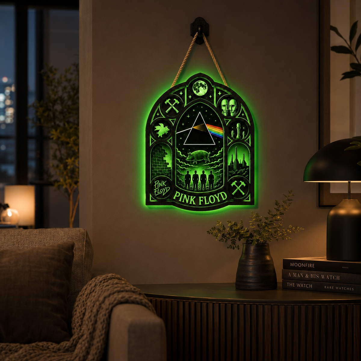 Pink Floyd Luminous Wooden Sign – Gothic LED Wall & Door Decor for Music Fans