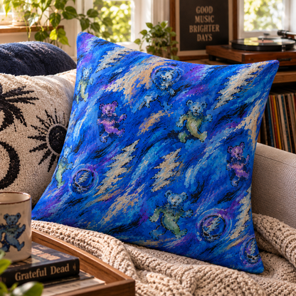 Grateful Dead Dancing Bears Throw Pillow – Steal Your Face Cosmic Blue Oil Painting Cushion