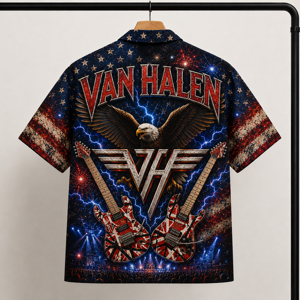 Van Halen Hawaiian Shirt - Patriotic Eagle and Frankenstrat Guitar Artwork
