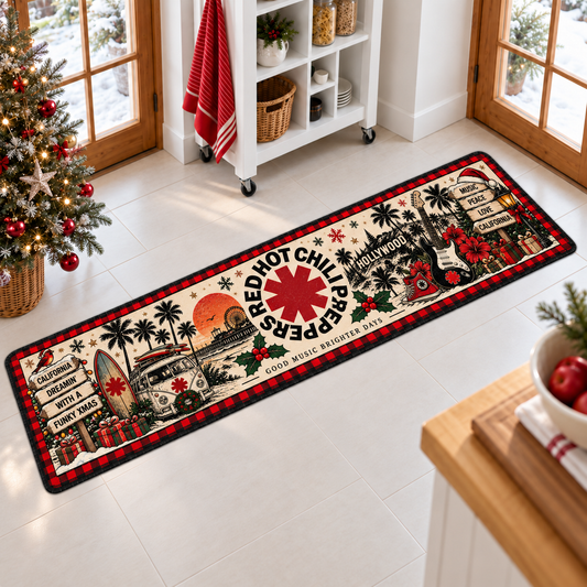 Red Hot Chili Peppers Christmas Runner Rug, California Holiday Kitchen Runner, RHCP Rock Music Christmas Decor