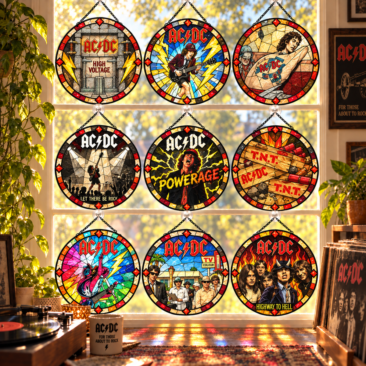 AC/DC Suncatcher, 9 Album Stained Glass Window Hanging, High Voltage Powerage Highway to Hell Classic Rock Gift