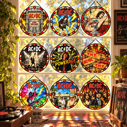 AC/DC Suncatcher, 9 Album Stained Glass Window Hanging, High Voltage Powerage Highway to Hell Classic Rock Gift