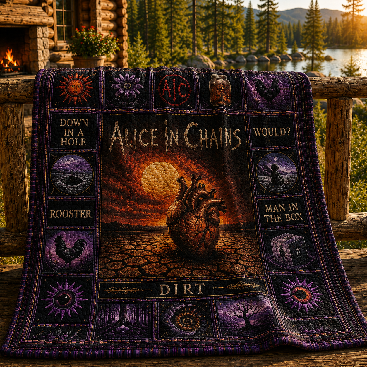 Alice In Chains Quilt Blanket - Gothic Rock Band Patchwork Bedding - Purple Cabin Style Fan Gift - Handmade Style Music Lover Quilt