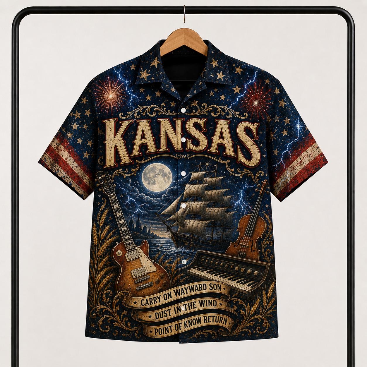 Kansas Band Hawaiian Shirt - Unisex Vintage Sailing Ship Dust In The Wind Button Up