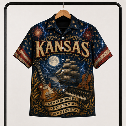 Kansas Band Hawaiian Shirt - Unisex Vintage Sailing Ship Dust In The Wind Button Up