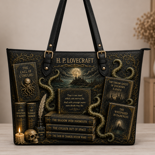 H.P. Lovecraft Cthulhu Gothic Tote Bag – Cosmic Horror Book Lover Handbag, Dark Academia Zippered Shoulder Bag, Lovecraft Literary Gift