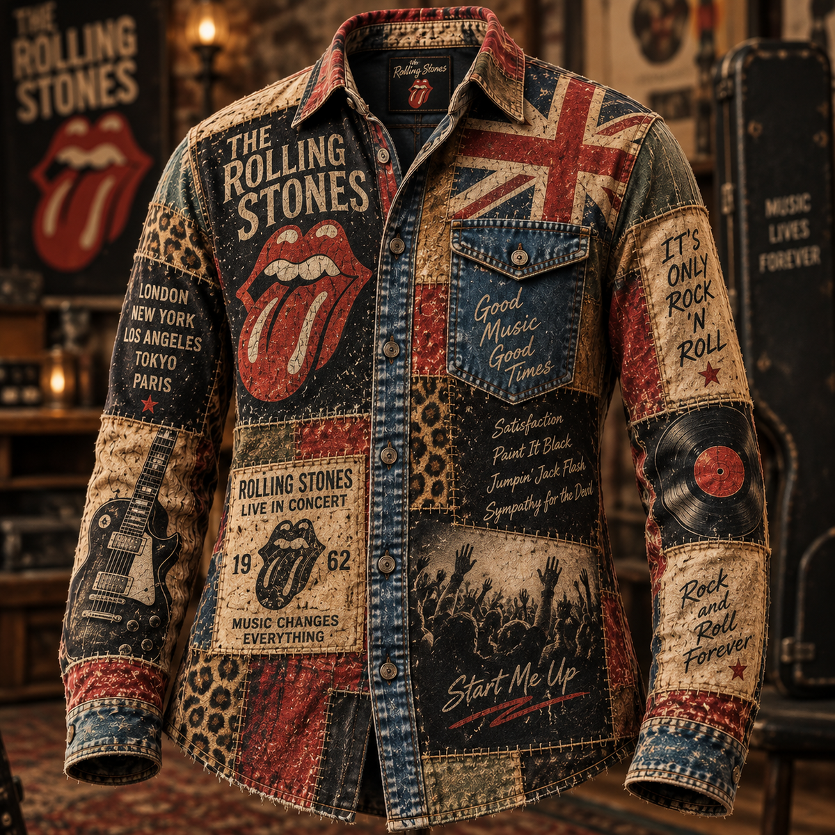 The Rolling Stones Patchwork Long Sleeve Shirt – Tongue Logo, Union Jack & Vintage Rock Collage Button Up, 1962 Classic Rock Fan Gift