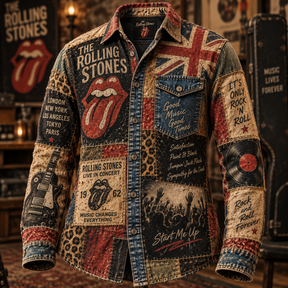 The Rolling Stones Patchwork Long Sleeve Shirt – Tongue Logo, Union Jack & Vintage Rock Collage Button Up, 1962 Classic Rock Fan Gift