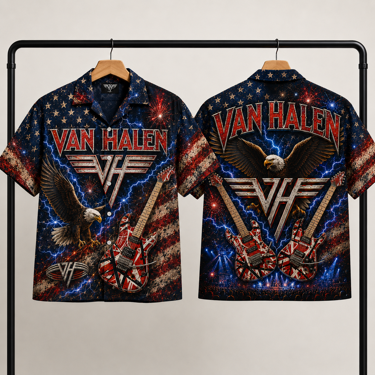 Van Halen Hawaiian Shirt - Patriotic Eagle and Frankenstrat Guitar Artwork