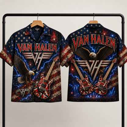 Van Halen Hawaiian Shirt - Patriotic Eagle and Frankenstrat Guitar Artwork