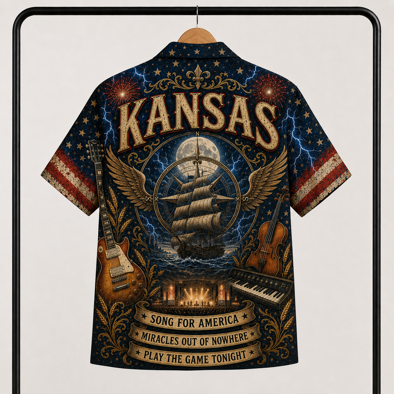 Kansas Band Hawaiian Shirt - Unisex Vintage Sailing Ship Dust In The Wind Button Up