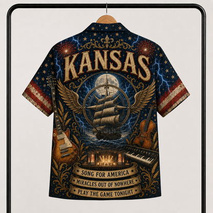 Kansas Band Hawaiian Shirt - Unisex Vintage Sailing Ship Dust In The Wind Button Up