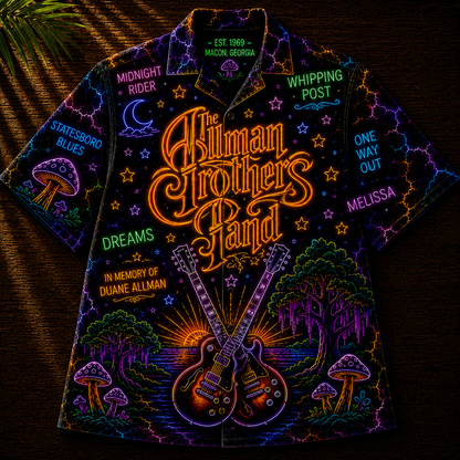 The Allman Brothers Band Hawaiian Shirt - Unisex Front Back Neon Electric Guitar Button Up