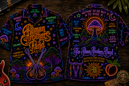 The Allman Brothers Band Hawaiian Shirt - Unisex Front Back Neon Electric Guitar Button Up