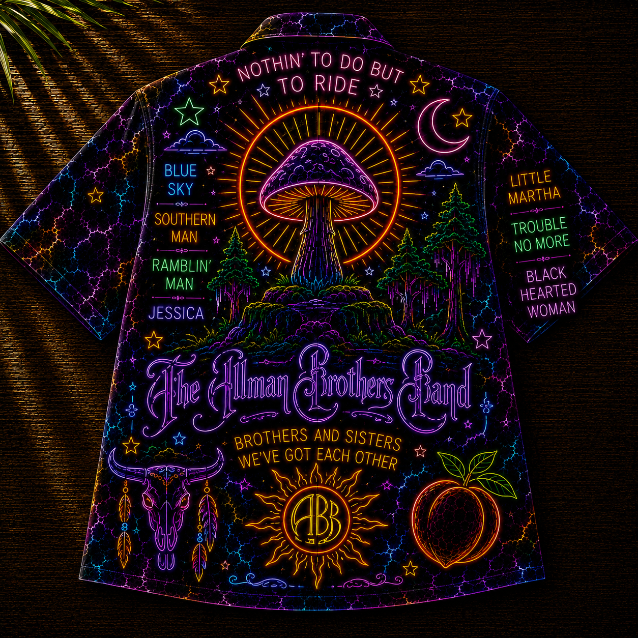 The Allman Brothers Band Hawaiian Shirt - Unisex Front Back Neon Electric Guitar Button Up