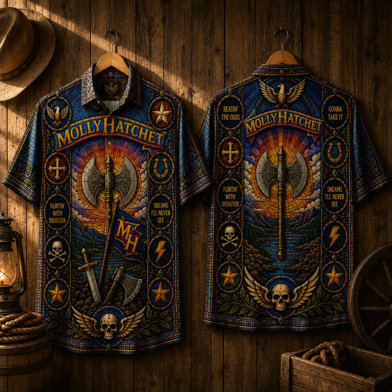 Molly Hatchet Stained Glass Hawaiian Shirt - Unisex Iconic Battleaxe Button Up