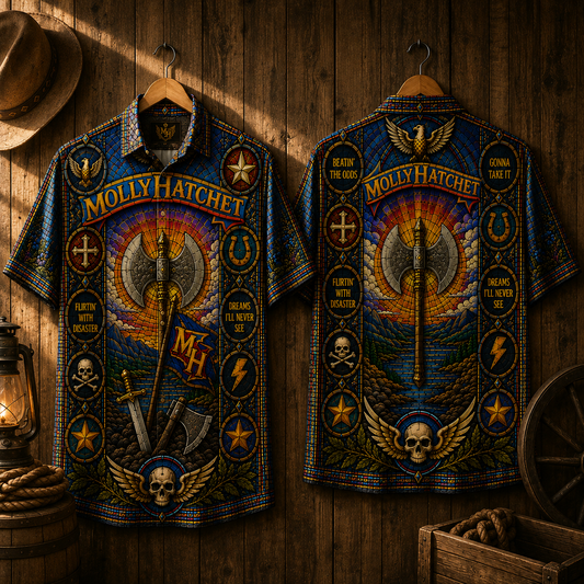 Molly Hatchet Stained Glass Hawaiian Shirt - Unisex Iconic Battleaxe Button Up