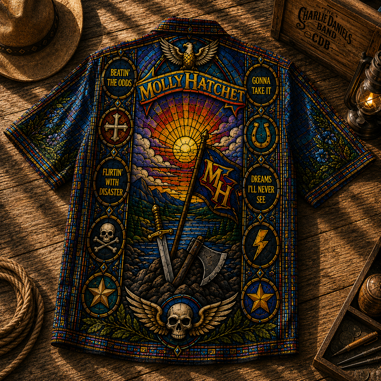Molly Hatchet Stained Glass Hawaiian Shirt - Unisex Iconic Battleaxe Button Up