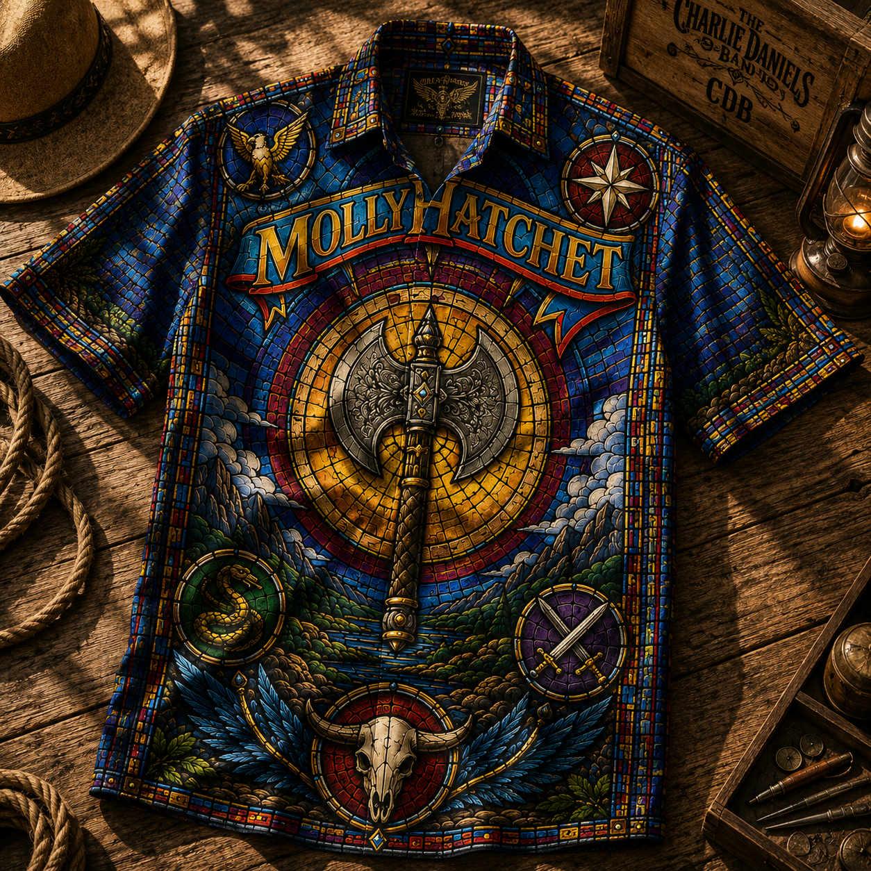 Molly Hatchet Stained Glass Hawaiian Shirt - Unisex Iconic Battleaxe Button Up