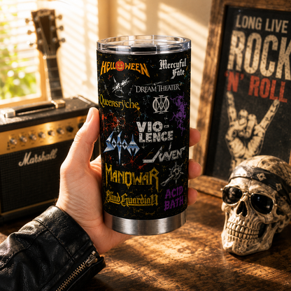 Heavy Metal Legends 20oz Stainless Steel Tumbler – Vintage Metal Band Logo Travel Mug
