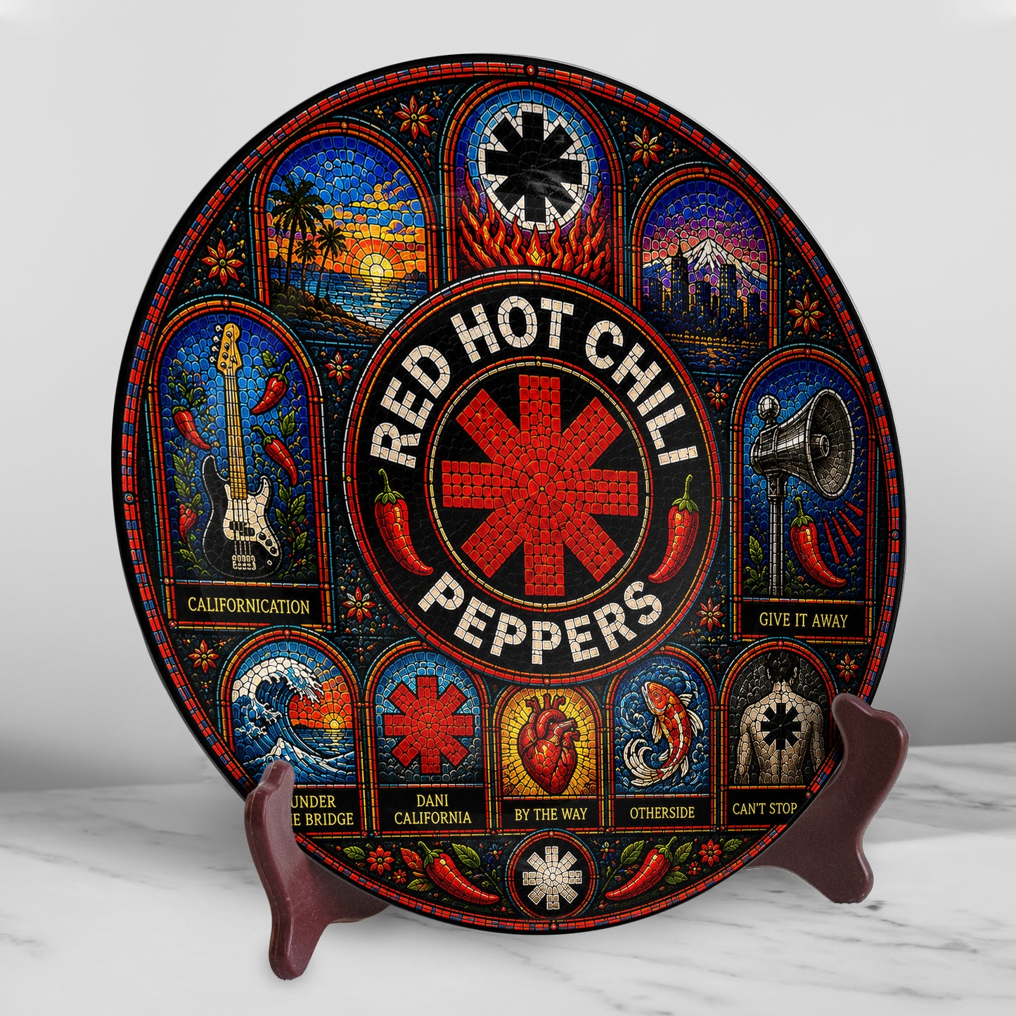 Red Hot Chili Peppers Decorative Ceramic Plate with Stand – Stained Glass Rock Art Gift