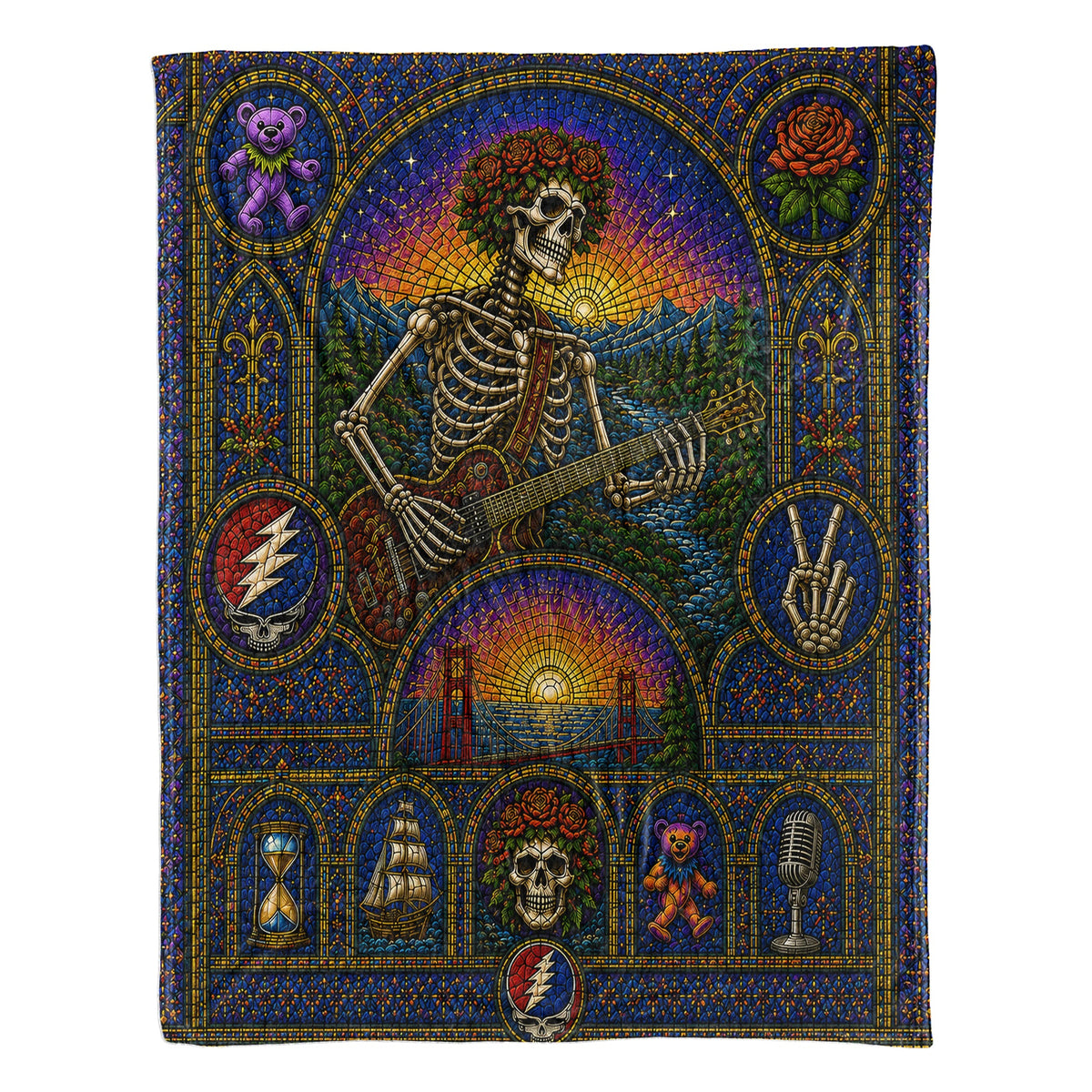 Grateful Dead Sherpa Blanket – Bertha Skeleton Guitarist Gothic Stained Glass Blanket