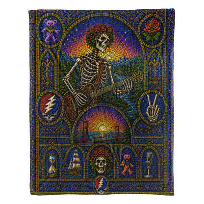 Grateful Dead Sherpa Blanket – Bertha Skeleton Guitarist Gothic Stained Glass Blanket