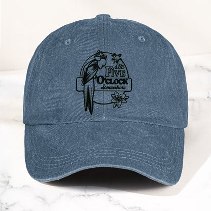It’s Five O’Clock Somewhere Denim Dad Cap – Tropical Parrot Island Vibes Hat (With BOX)