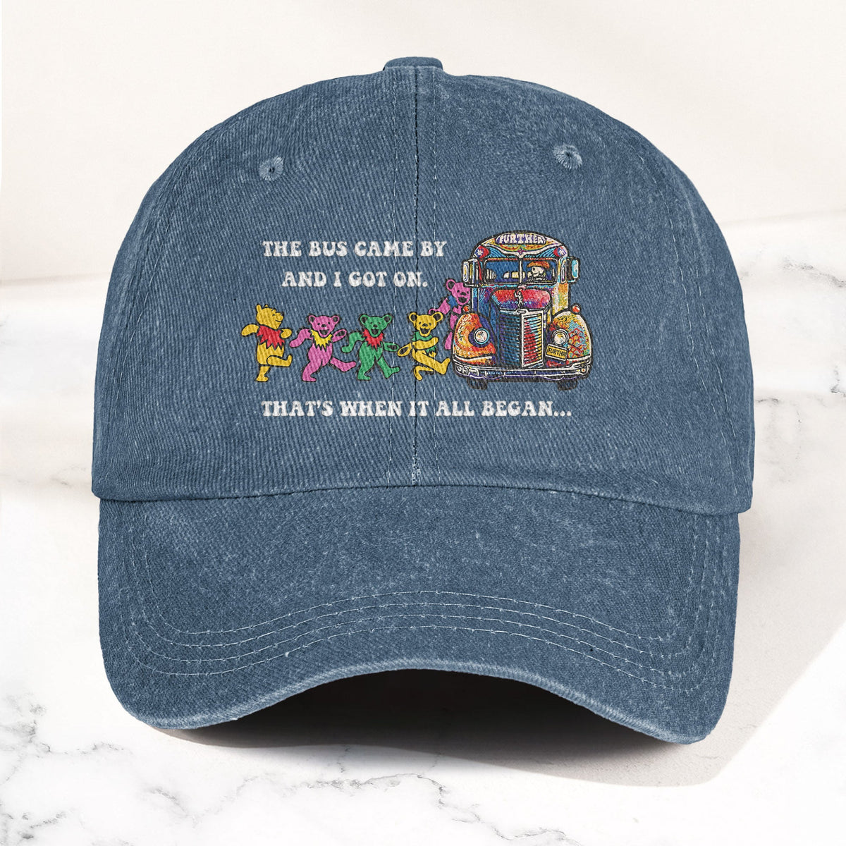 Grateful Dead Further Bus And Dancing Bears Denim Cap – Vintage Music Grateful Dead Merch Gift for Dad (With Box)