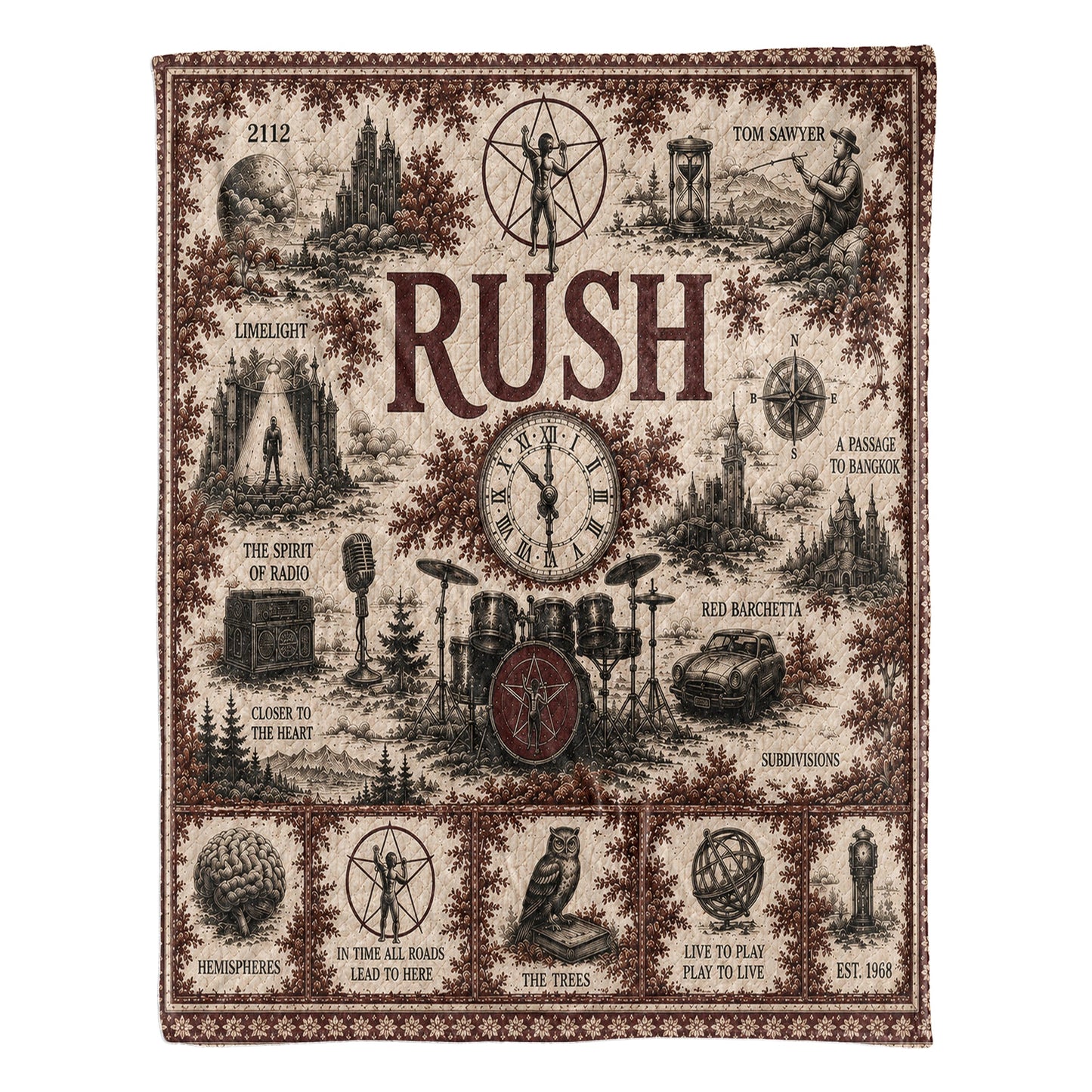 Rush Band Sherpa Blanket – Starman Vintage Sketch Collage Progressive Rock Blanket