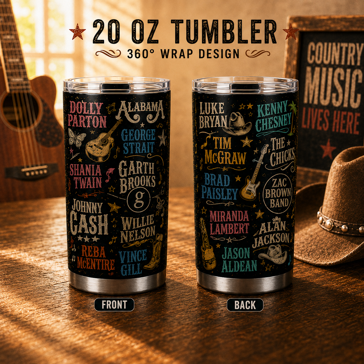 Country Music Legends 20oz Stainless Steel Tumbler – Vintage Country Stars Travel Mug