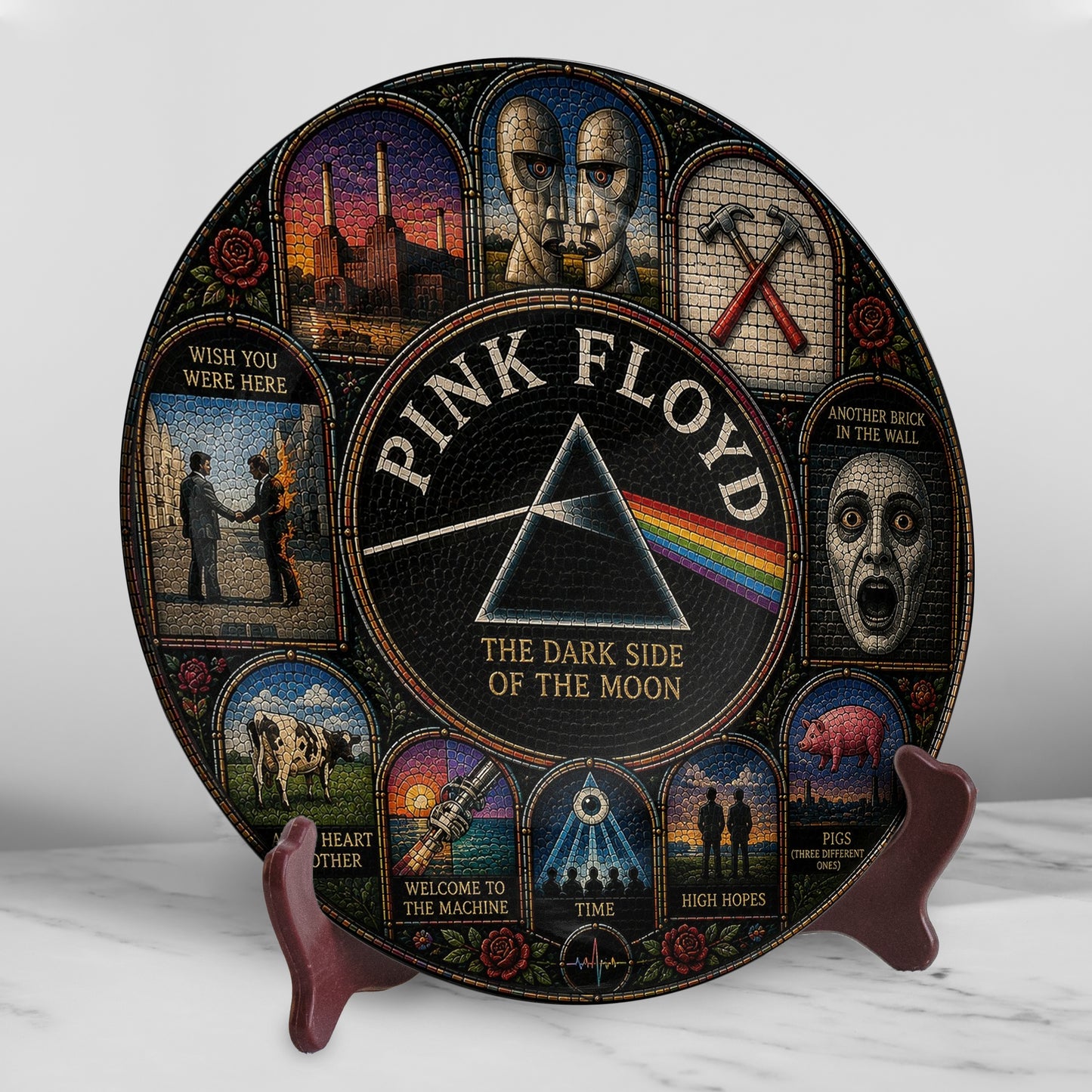 Pink Floyd Decorative Ceramic Plate with Display Stand – Classic Rock Album Art Gift
