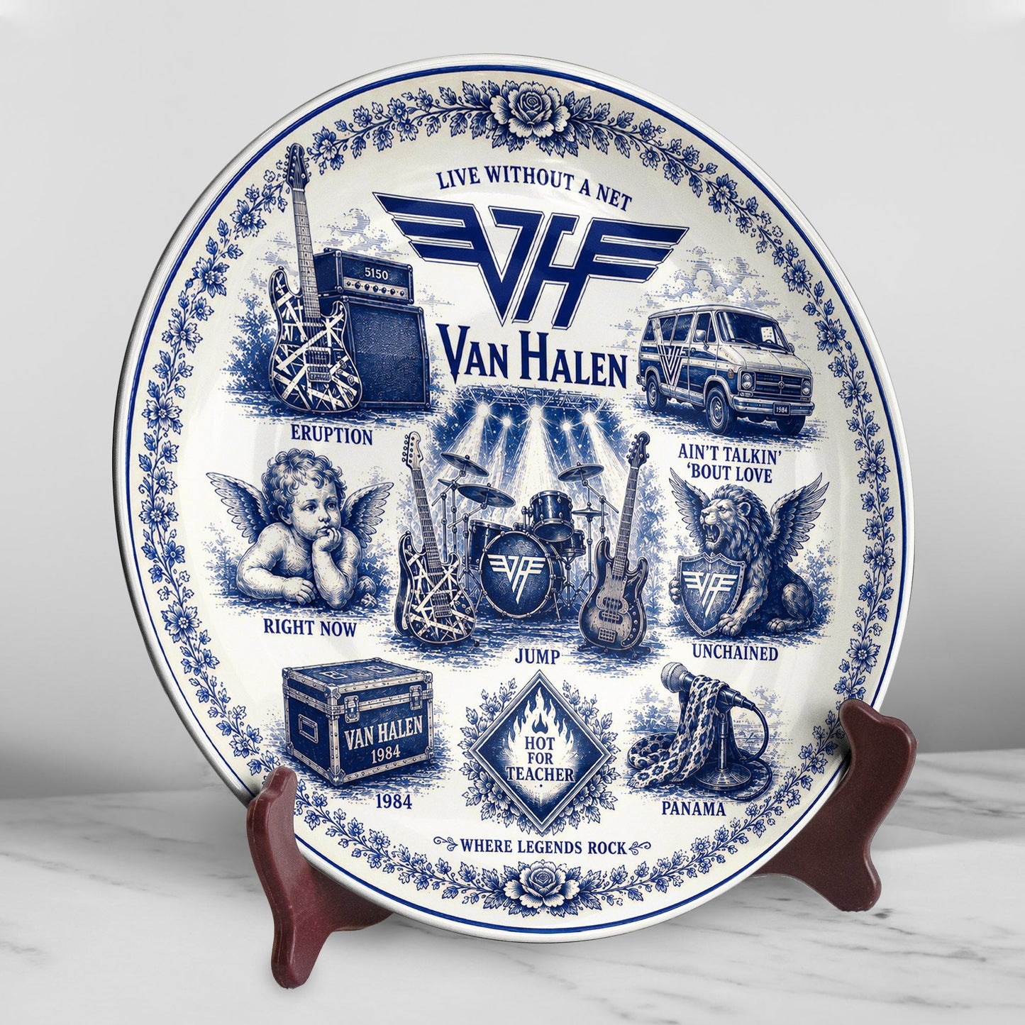 Van Halen Ceramic Plate with Display Stand – Classic Rock Music Memorabilia Gift