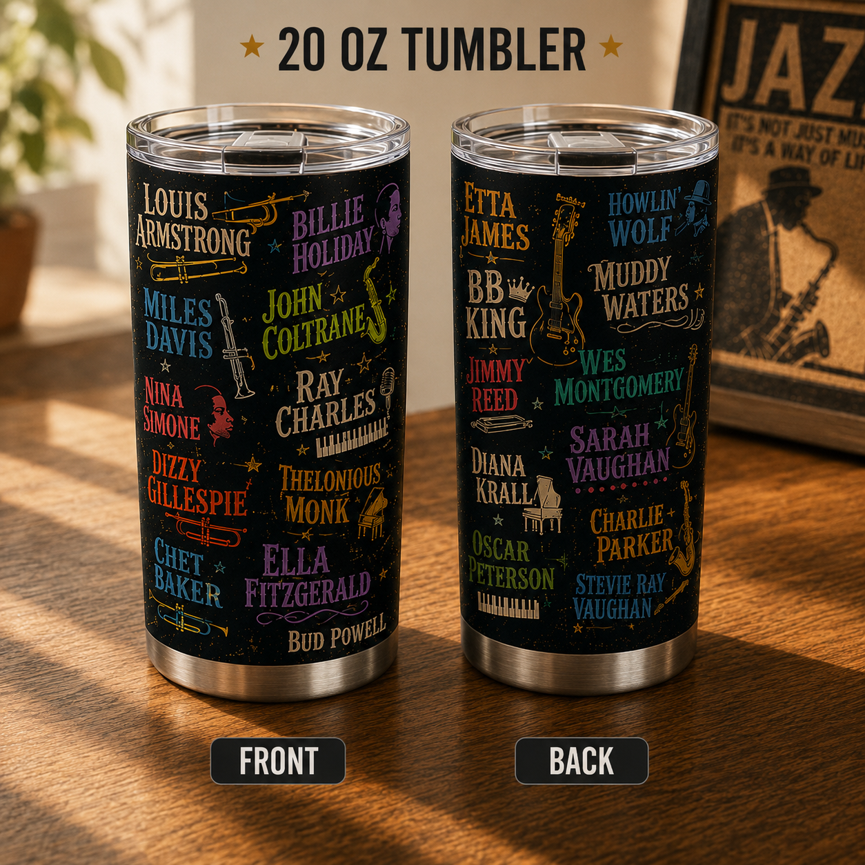 Jazz Legends 20oz Stainless Steel Tumbler – Vintage Jazz Music Travel Mug for True Jazz Lovers