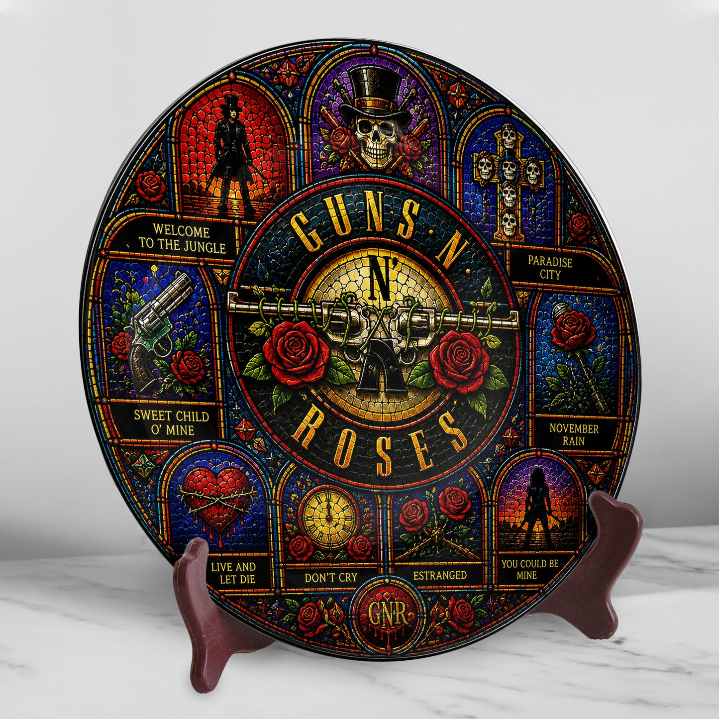 Guns N' Roses Decorative Ceramic Plate with Stand – Stained Glass Rock Art Gift