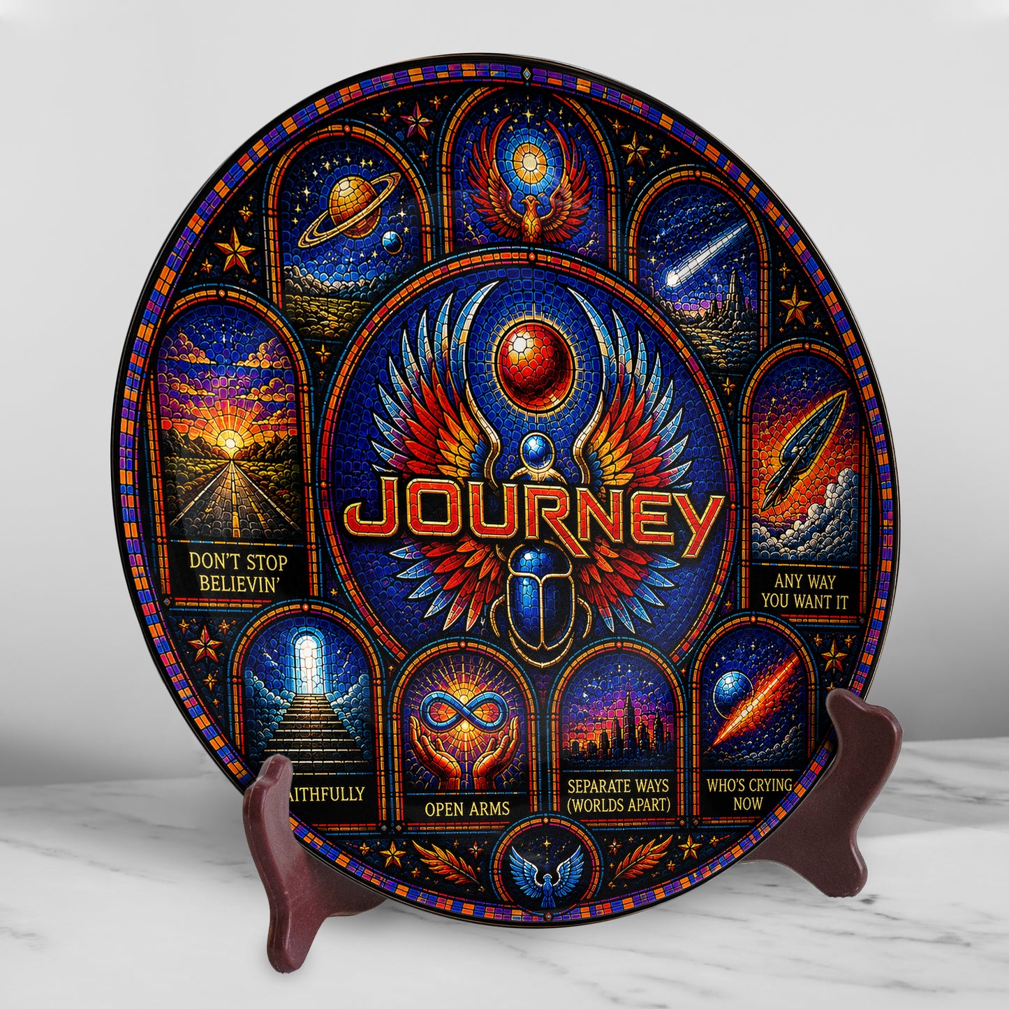 Journey Band Decorative Ceramic Plate with Stand – Stained Glass Rock Art Gift
