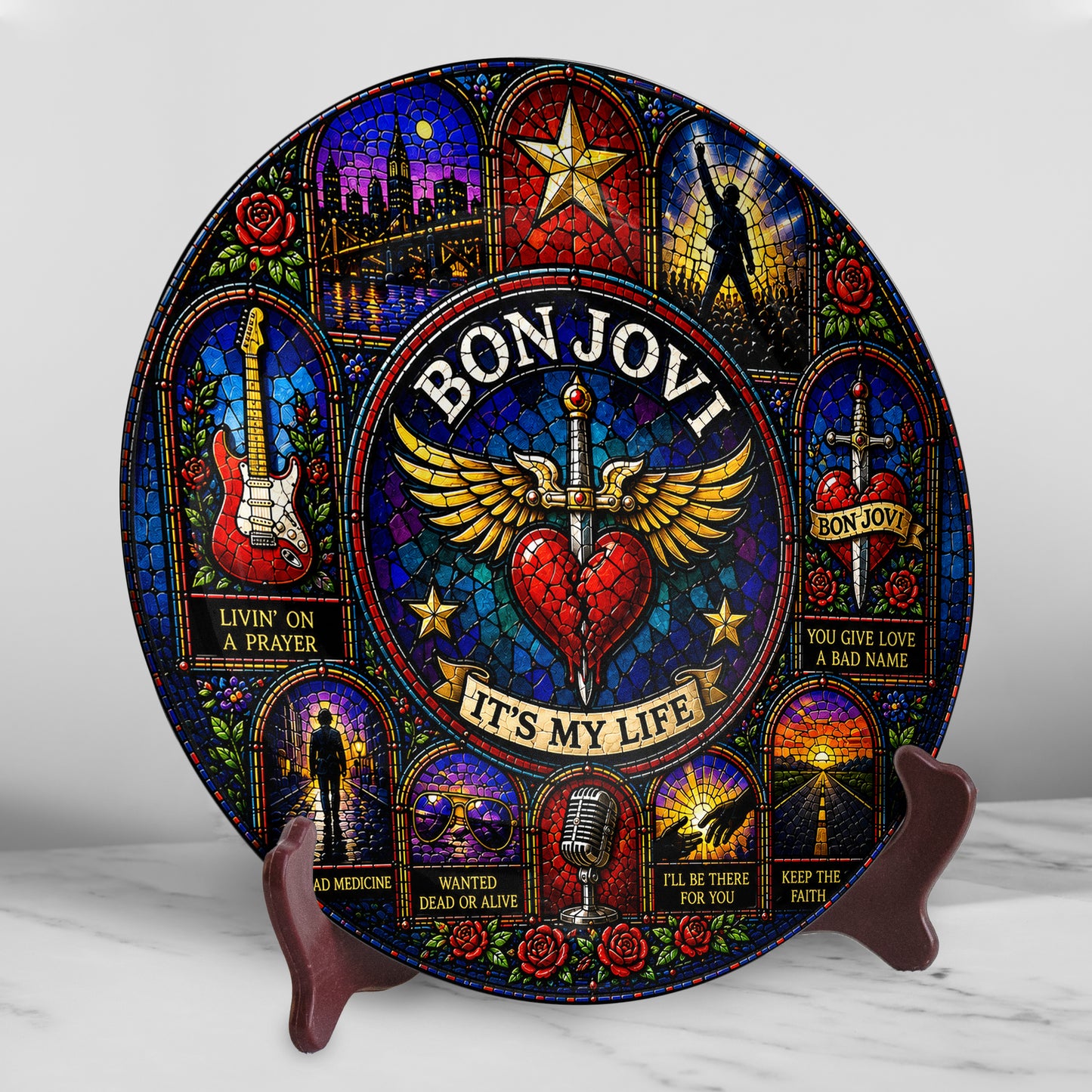 Bon Jovi Decorative Ceramic Plate with Display Stand – Classic Rock Music Memorabilia Gift