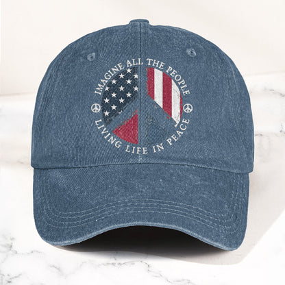 John Lennon Imagine All The People Living Life In Peace Sign American Flag Denim Cap – Retro Vintage Dad Cap Gift For Dad (With Box)