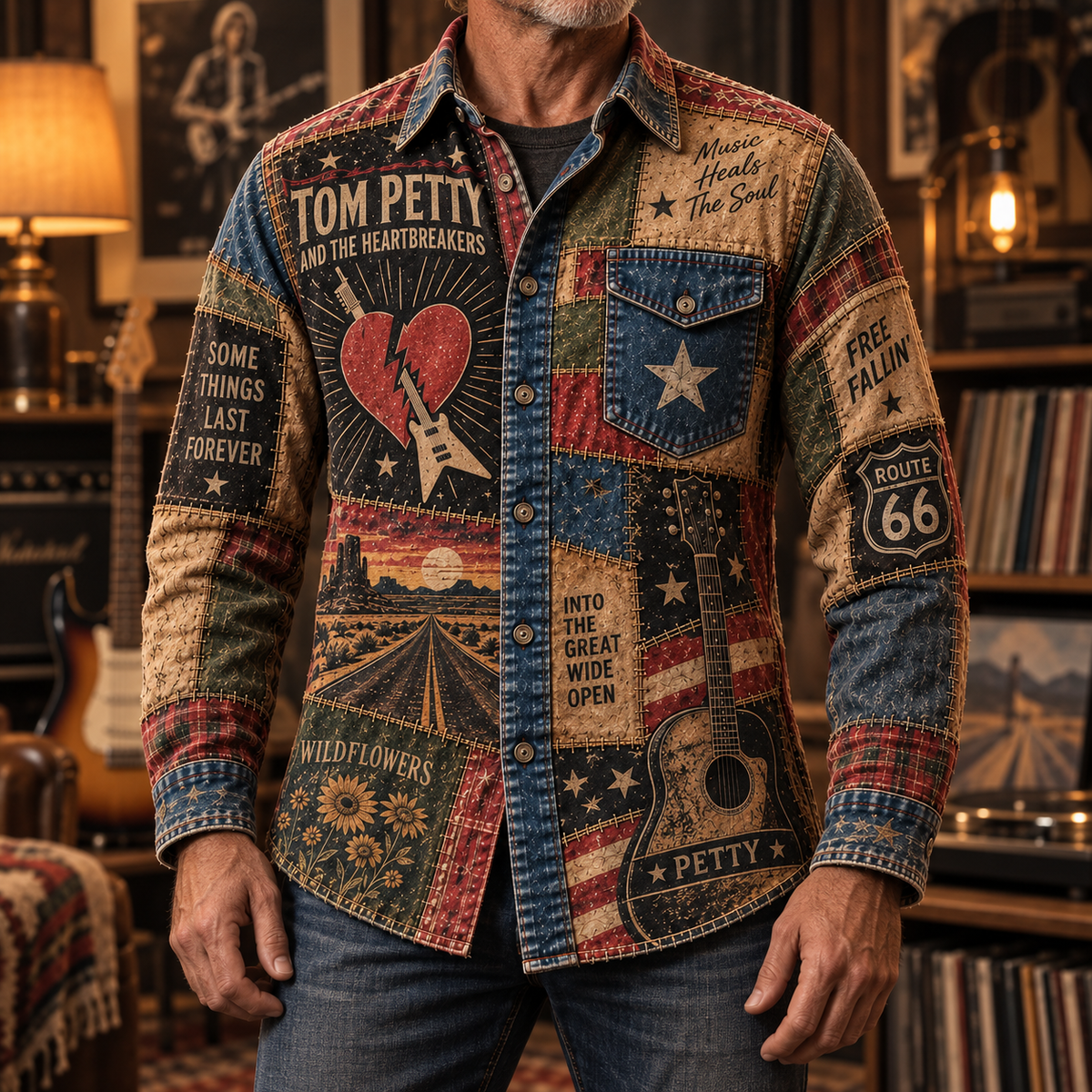 Tom Petty Patchwork Long Sleeve Shirt – Wildflowers, Free Fallin’ & Route 66 Americana Rock Button Up, Heartbreakers Fan Gift