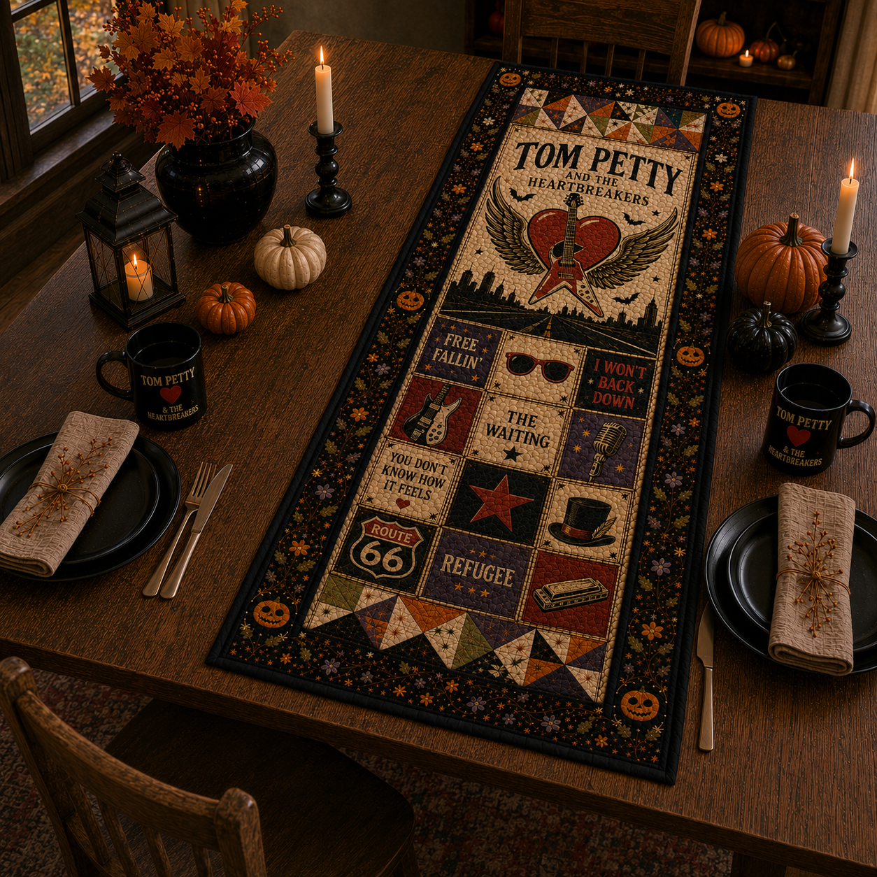 Tom Petty and the Heartbreakers Table Runner – Vintage Classic Rock Patchwork, Tom Petty Fan Gift, Cozy Music Throw Blanket
