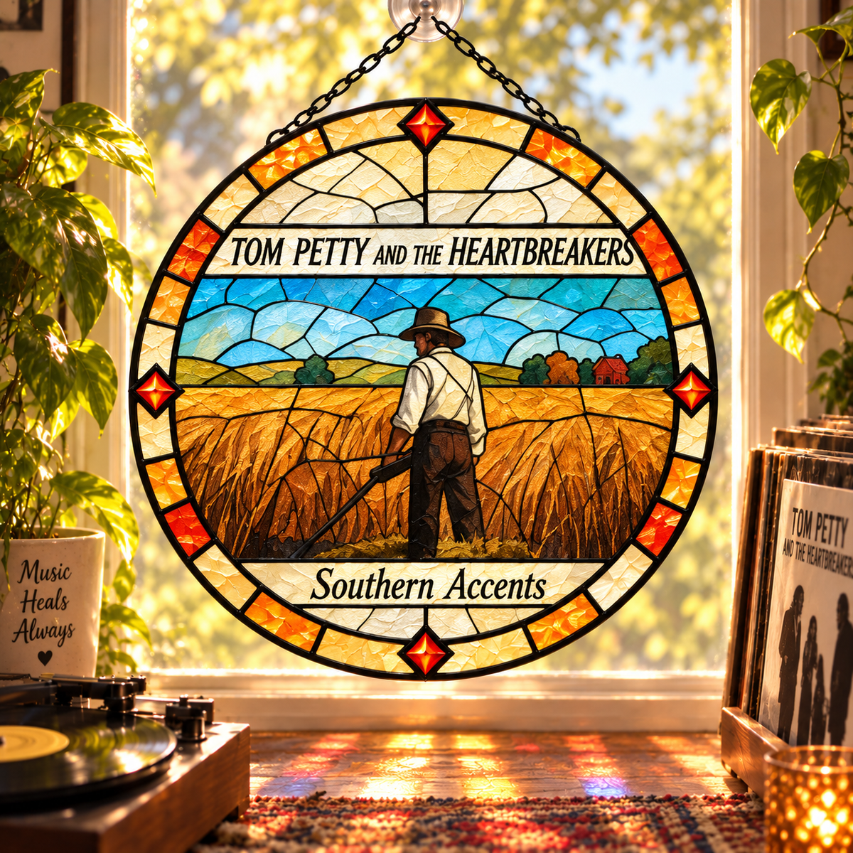 Tom Petty & The Heartbreakers Suncatcher, 9 Album Stained Glass Window Hanging, Classic Rock Music Gift