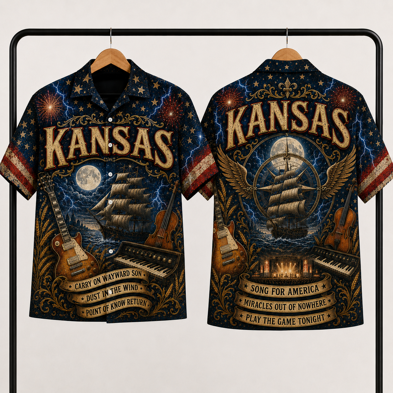 Kansas Band Hawaiian Shirt - Unisex Vintage Sailing Ship Dust In The Wind Button Up