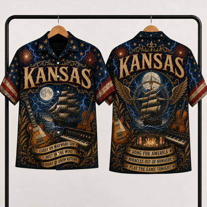 Kansas Band Hawaiian Shirt - Unisex Vintage Sailing Ship Dust In The Wind Button Up
