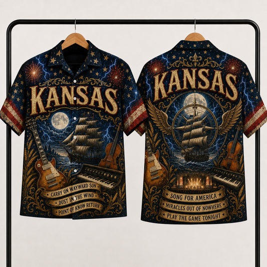Kansas Band Hawaiian Shirt - Unisex Vintage Sailing Ship Dust In The Wind Button Up